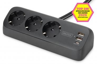 3-way office socket strip with 2x USB-A and 1x USB-C connections, black 