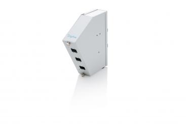 Fiber optic DIN rail splice distributor, angled, 6 SC SX/LC DX, grey 
